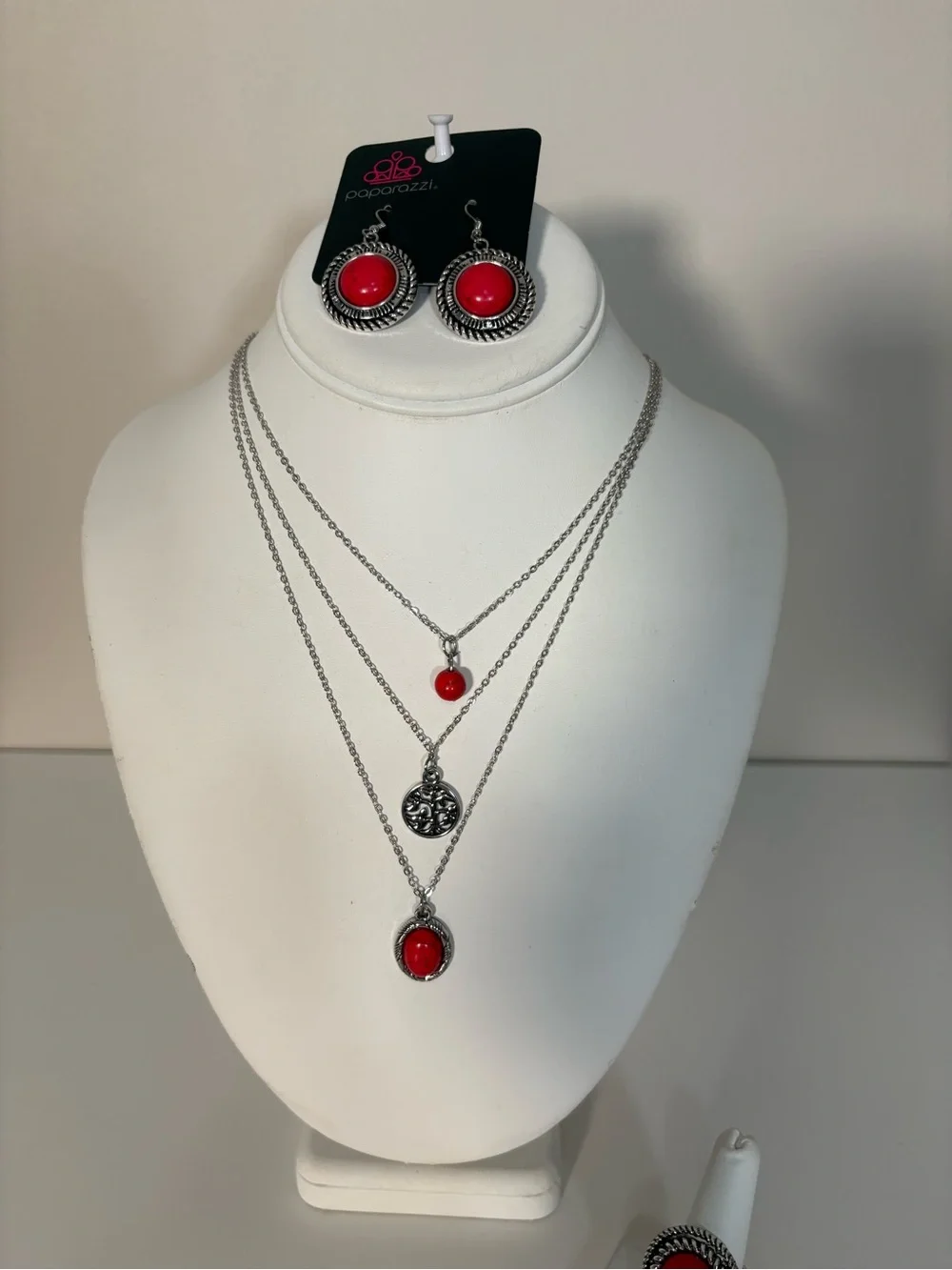 paparazzi Silver-Tone Layered Necklace, Earrings & Ring Set with Red Stones